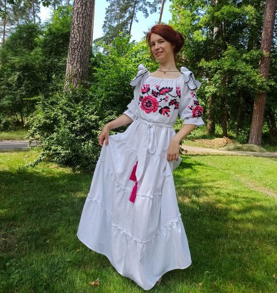 White Linen Embroidered Rose Dress, Off Shoul...