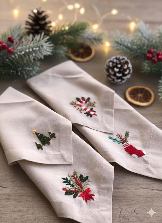 Christmas Linen Napkins,Hand Embroidery Napki...