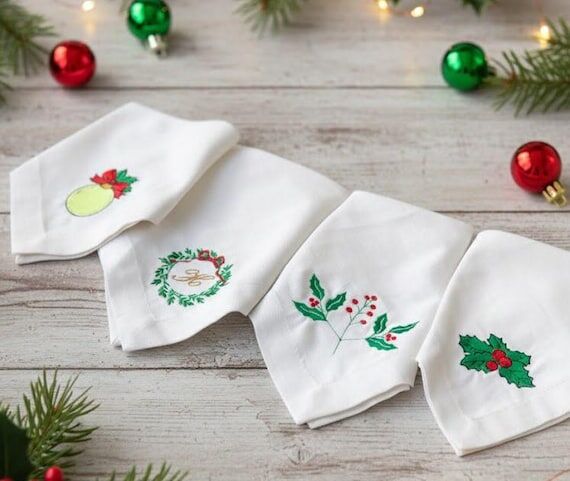 Embroidered Christmas Linen Napkins, Holiday ...