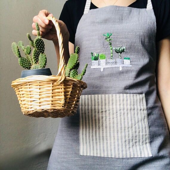 Handmade Cactus Embroidered Cotton Apron, Per...