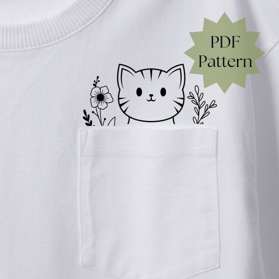 Cute cat pocket embroidery pattern, flower an...