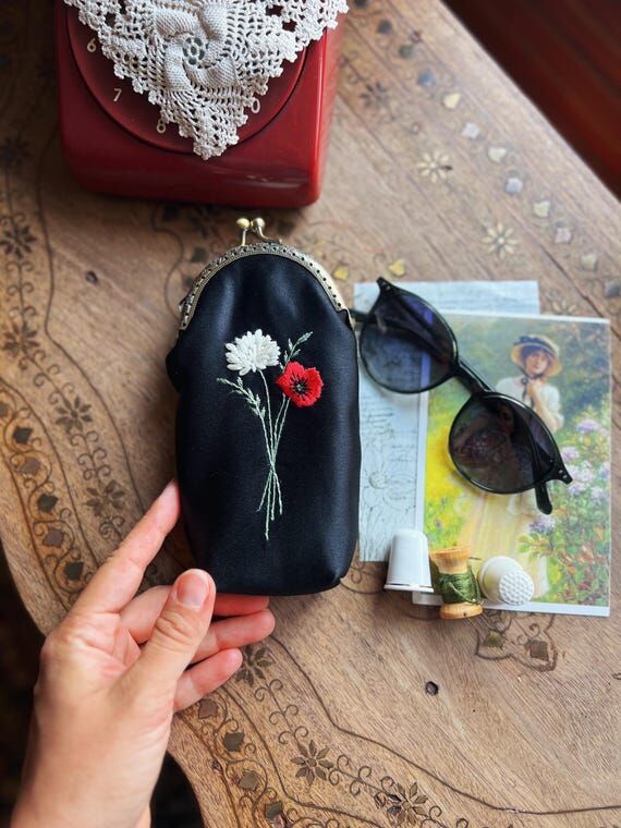 Hand Embroidered Eyeglass Case, Chrysanthemum...