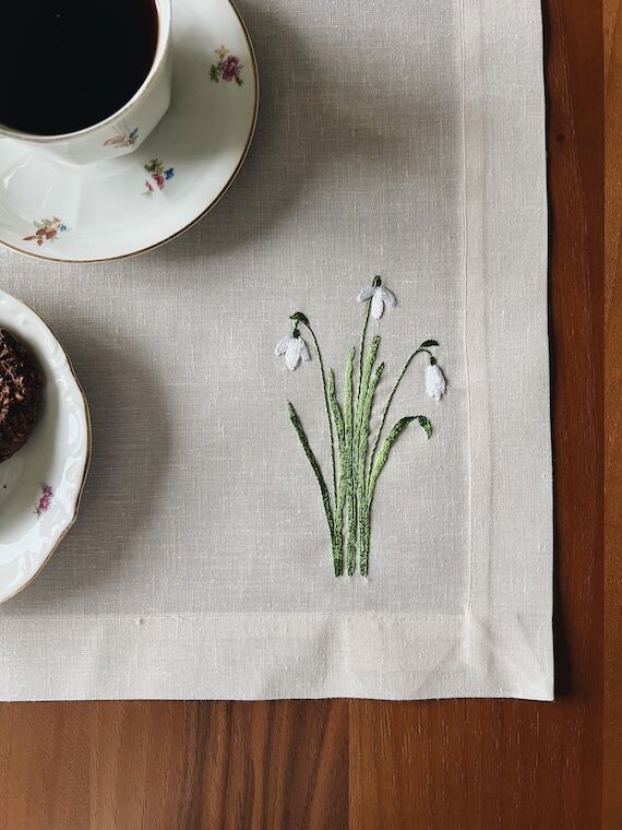 Hand Embroidered Linen Placemat, Snowdrop Flo...