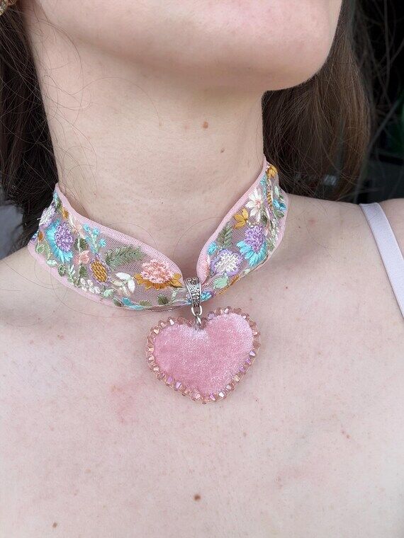 Pink Embroidered Choker with Heart Pendant, H...