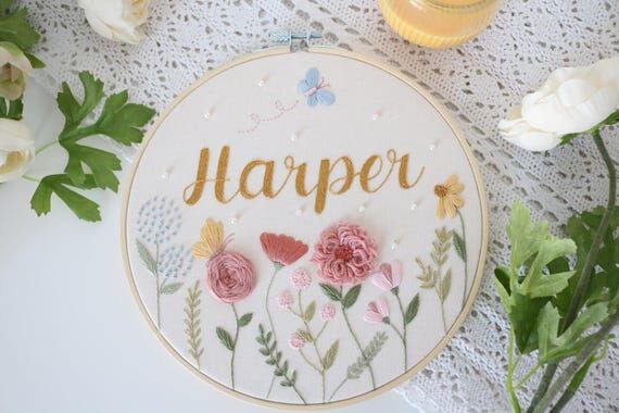 Custom Floral Name Hoop Art, Whimsical Nurser...