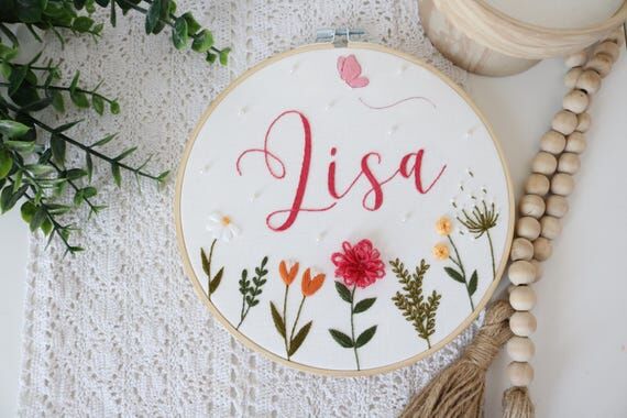 Custom Floral Name Embroidery Hoop Art, Whims...