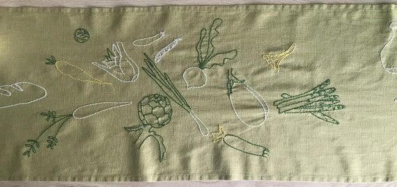 Hand-embroider table runner green linen with ...