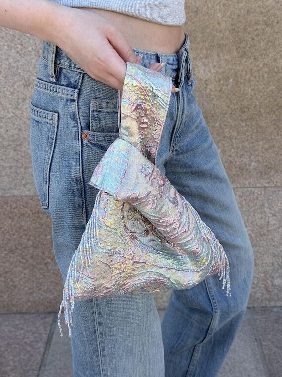 Iridescent Brocade Knot Bag, Beaded Fringe Pu...