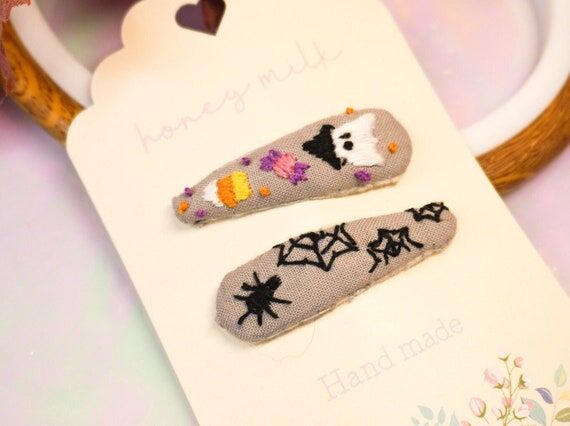 Handmade Embroidered Halloween Hair Clip Set:...