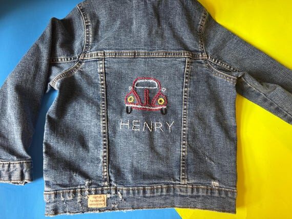 Denim Jacket, Boy's Car Embroidery Back, Upcy...