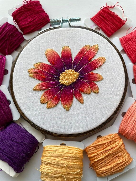 Gilded Sunset Daisy 4'' Thread painting Flora...