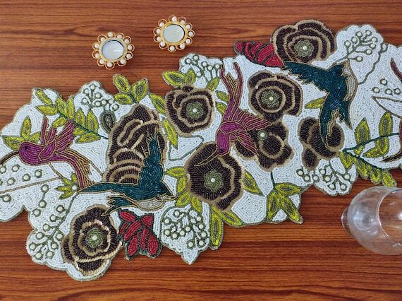 Handmade Birds & Flowers theme beaded table r...