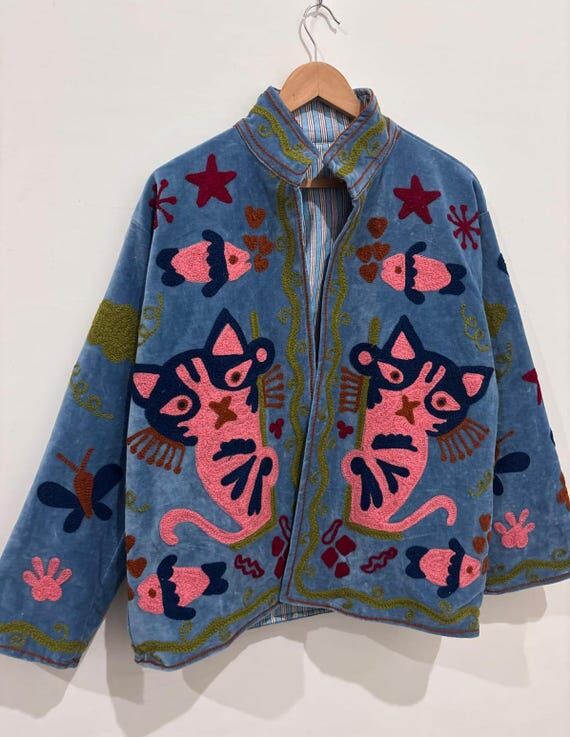 Blue Boho Velvet Jacket, Cat & Fish Embroider...