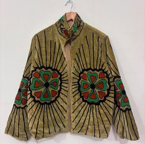 Olive Green Suzani Jacket, Vintage Floral Emb...