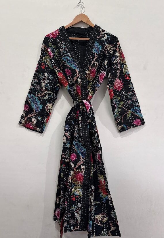 Black Floral Kantha Robe | Reversible Handmad...