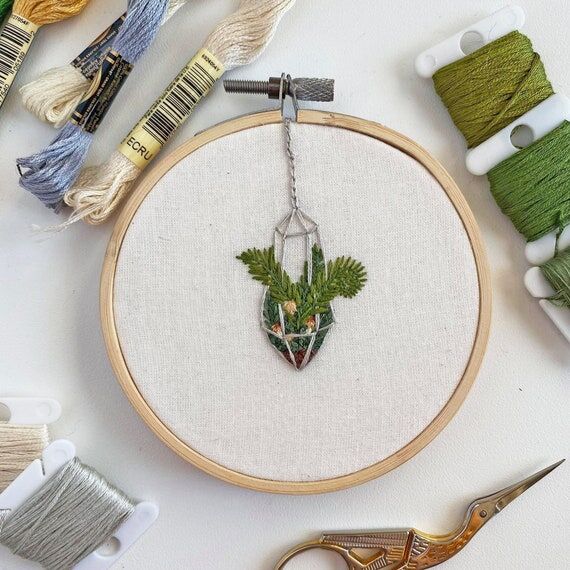 Hanging Fern Terrarium 4 inch Handmade Embroi...