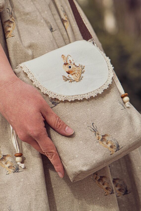 Handmade Vintage Bag with Hare Embroidery...