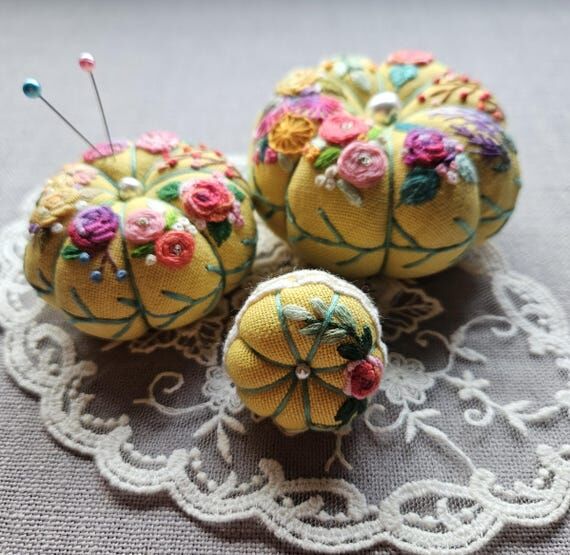 Pumpkin Pincushion Set of 3, Hand Embroidered...