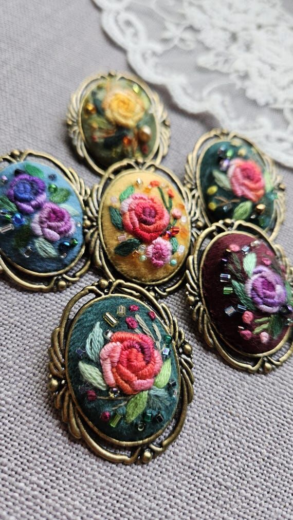 Hand Embroidered Velvet Floral Brooch – Vin...