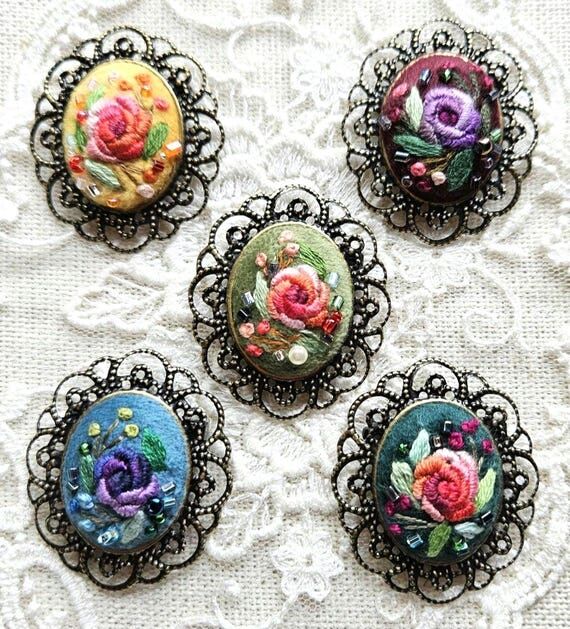 Velvet Hand Embroidered Floral Brooch – Vin...