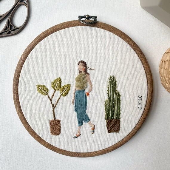 Original 'She and her plants’ hand embroide...