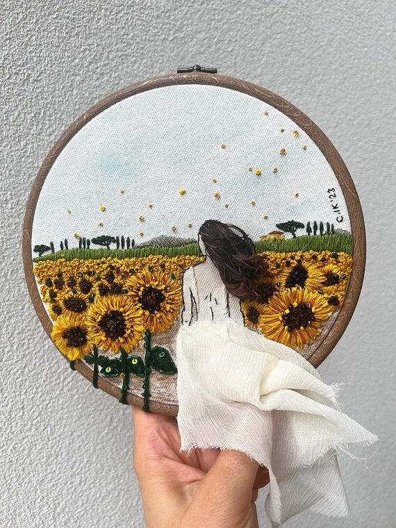 Original 'She and the sunflowers #2’ hoop a...
