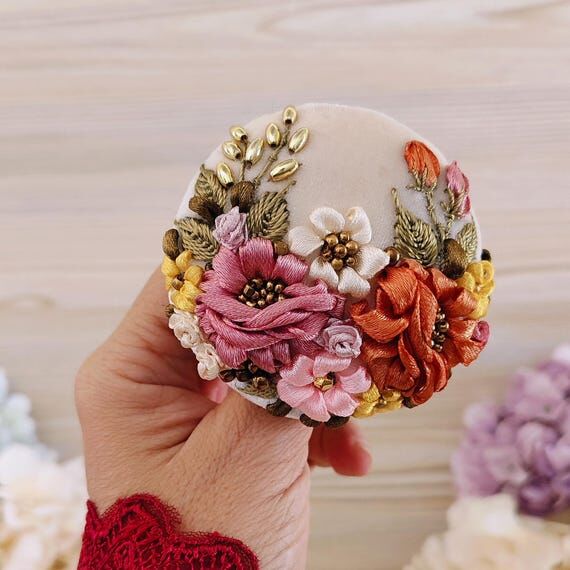 Hand-Embroidered Ribbon Floral Brooch - Uniqu...