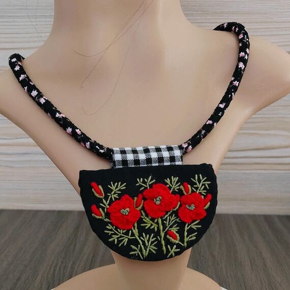 Black Floral Embroidery Necklace – Handmade...