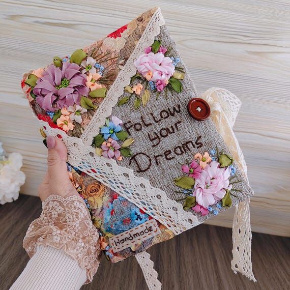 Handmade Floral Book Cover, Vintage Lace Jour...