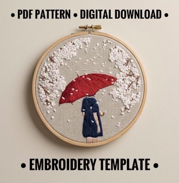 Cherry Blossom & Red Umbrella Embroidery Patt...