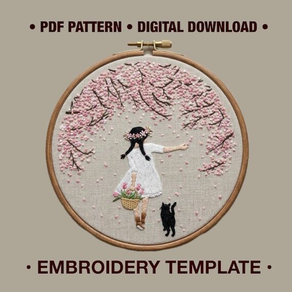 Cherry Blossom Girl Cat Embroidery Pattern | ...