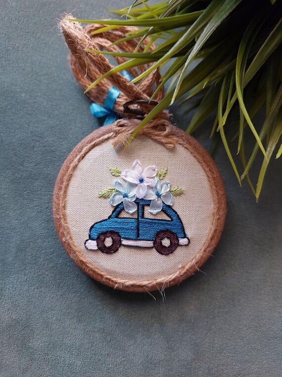 Blue Car Hanger, Embroidery Hoop, Ribbon Embr...