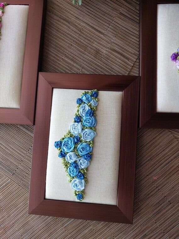 Blue Framed Palestine Map, Flower Ribbon Embr...