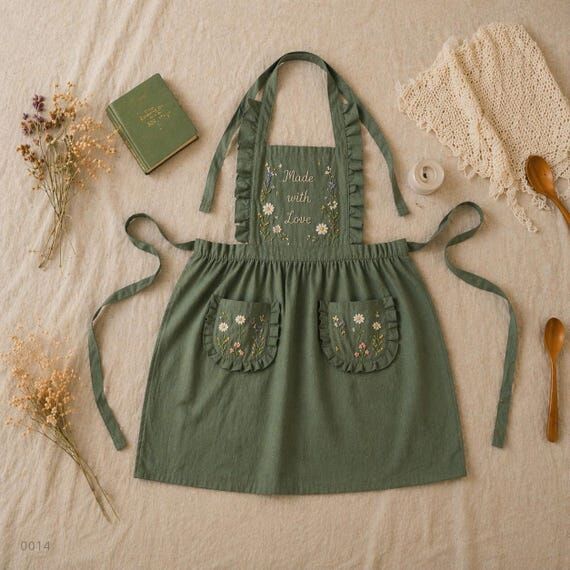 Hand Embroidered Sage Green Linen Apron, Flor...