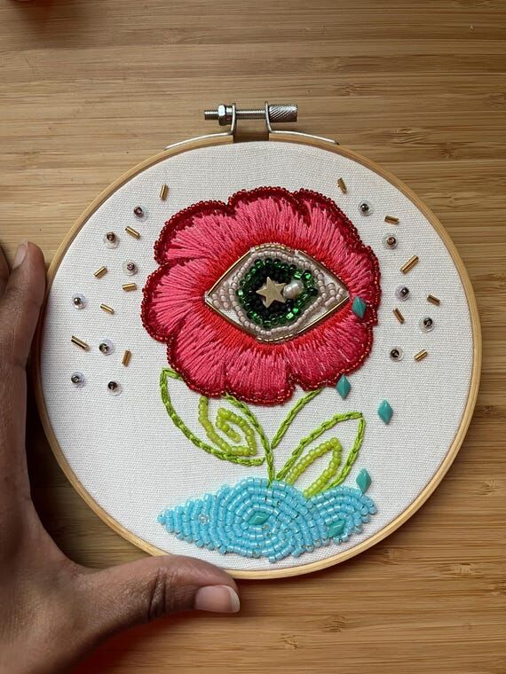 Hand Embroidered Flower Art Hoop | Beaded Evi...