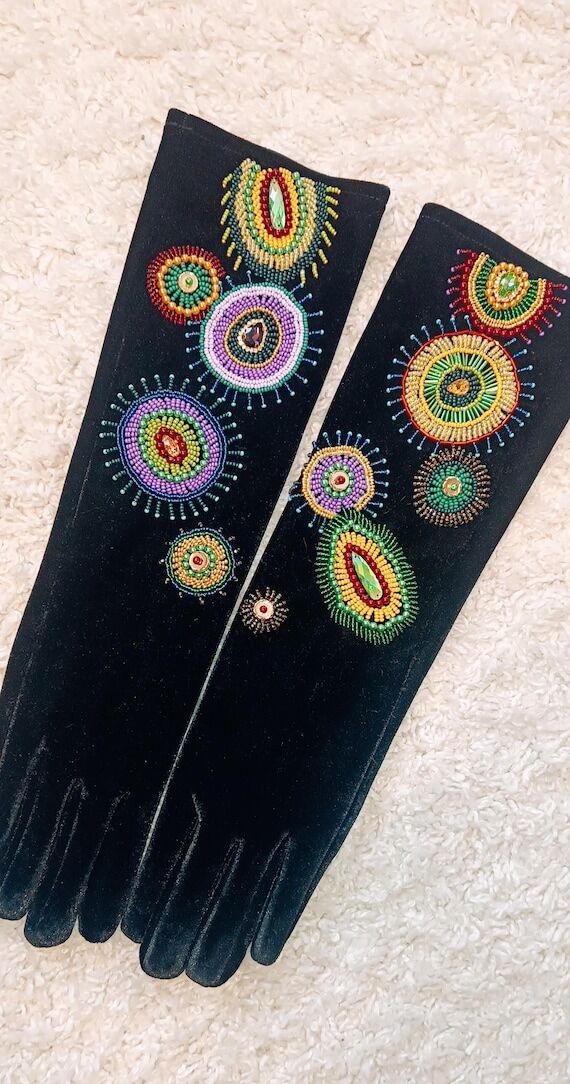 Hand Embroidered Beaded Gloves | Black Statem...