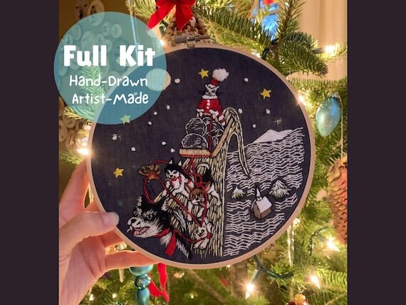 Humorous Christmas embroidery kit, SantaCat a...