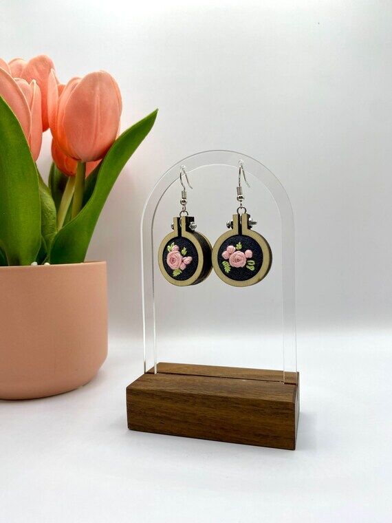 Handmade Embroidered Earrings - Floral Pink R...