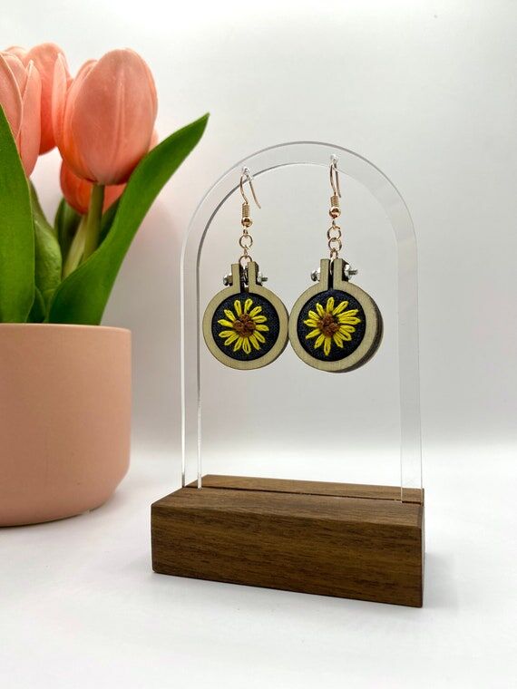 Handmade Embroidered Earrings - Floral Sunflo...