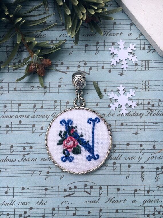 Embroidered monogram. Cross stitsh Pendant bl...