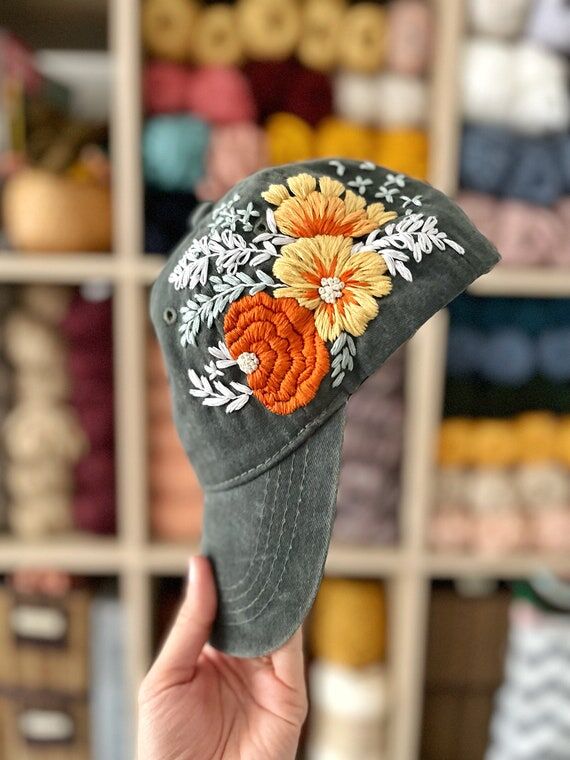 Hand Embroidered Floral Baseball Cap, Cotton ...