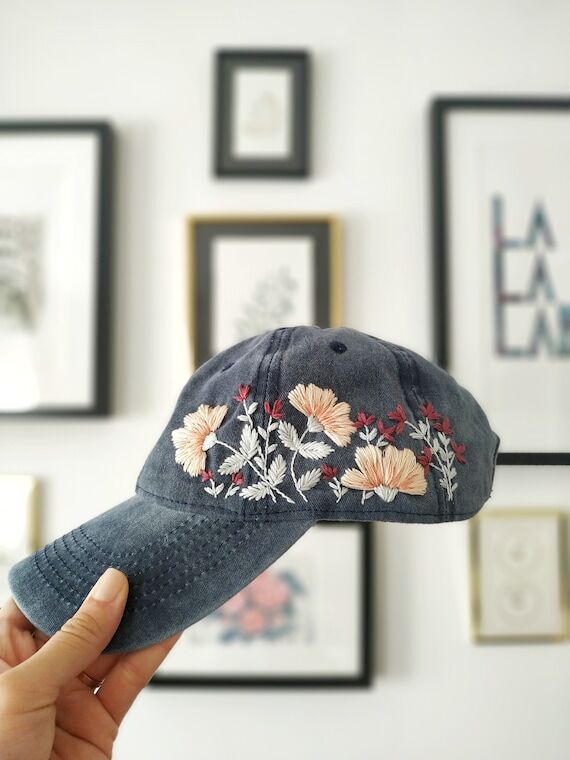 Hand Embroidered Floral Baseball Cap, 100% Co...