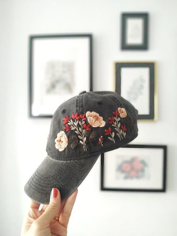 Hand Embroidered Floral Baseball Cap, Boho St...