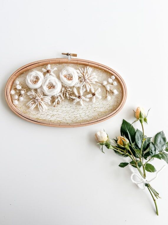 Oval Shiny Gold Embroidery. Brass Fiber Art W...