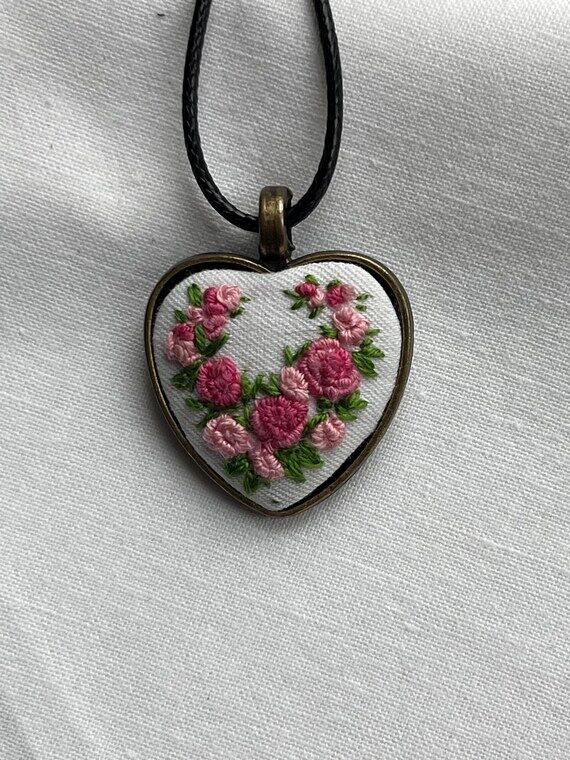 Hand Embroidered , Heart Pendant necklace, Fl...