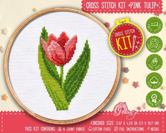 Spring cross stitch kit Pink Tulip, Beginners...