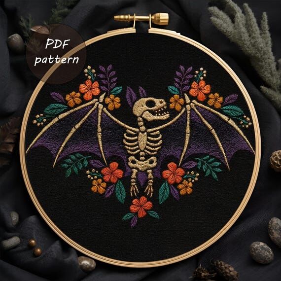 Bat Skeleton Floral Embroidery Pattern | Goth...