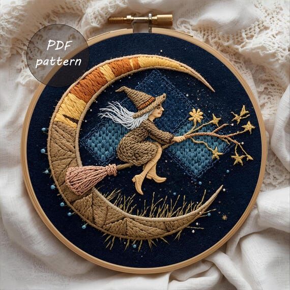Witch on Broom Embroidery Pattern: Halloween ...