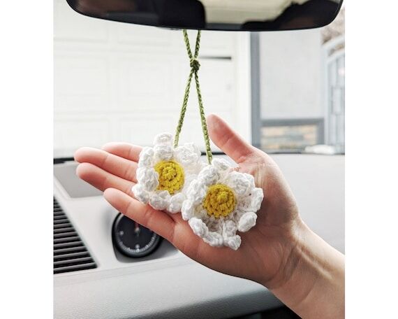 Crochet Daisy, Handmade Car Mirror Hanging Ca...