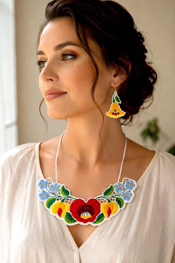 Embroidered Jewelry Set – Necklace + Earrin...